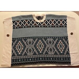 Ethyl Aztec Geometric Knit Sweater Vest Poncho Ivory Ribbed Button OSFM